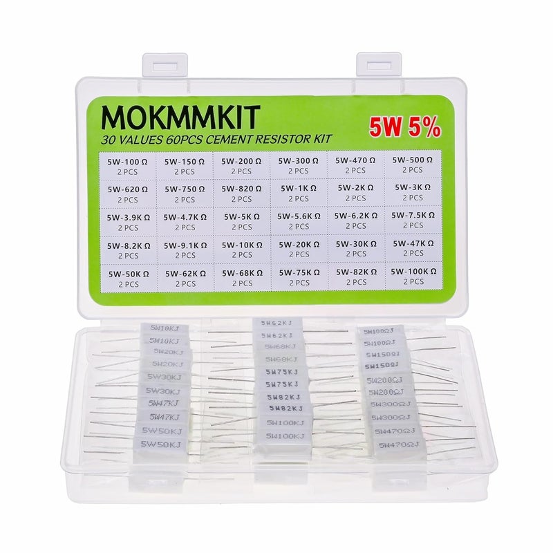 MOKMMKIT 30 Values 60 Pieces Ceramic Cement Resistor KIT 5W Resistance 5 Watt ±5% Power Resistors (100 ohm-100K ohm） - Image 1